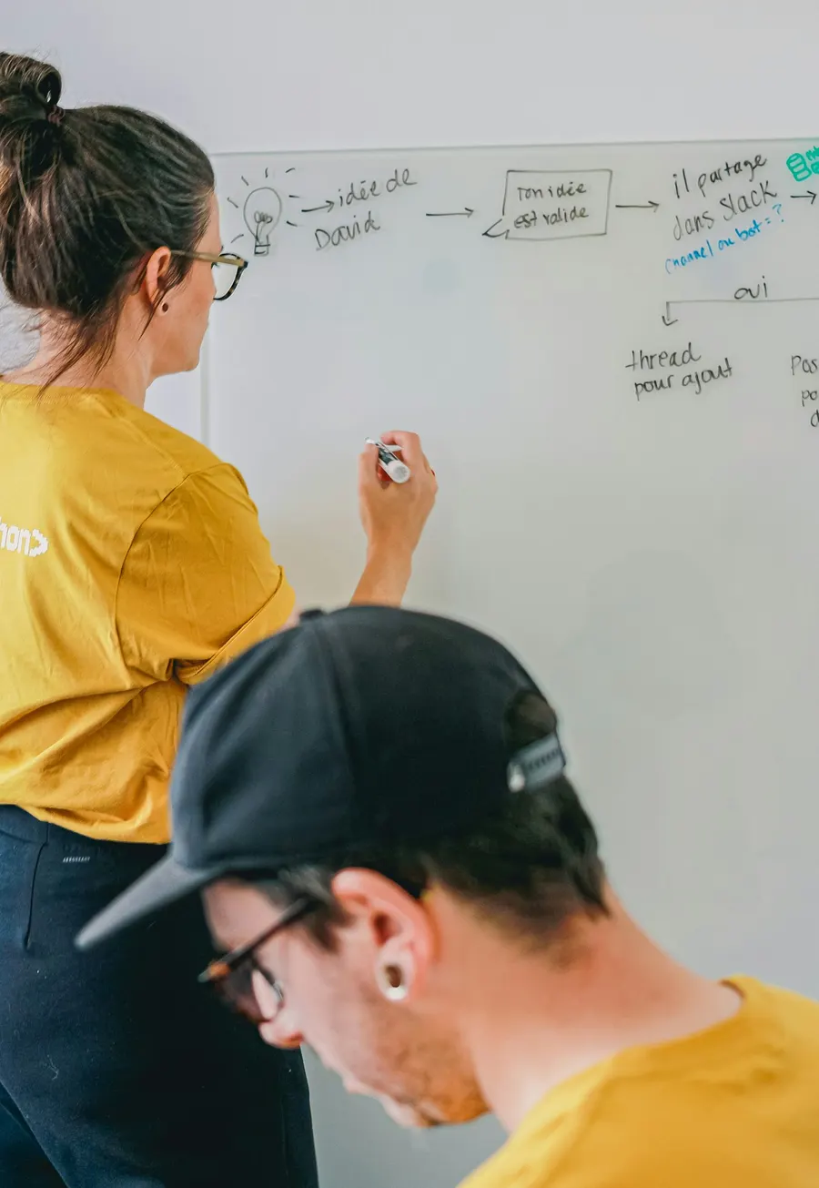 Two people mapping a workflow on a whiteboard